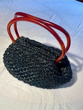 Vintage Black Woven Handbag with Amber Handles - MM Crotchet Straw